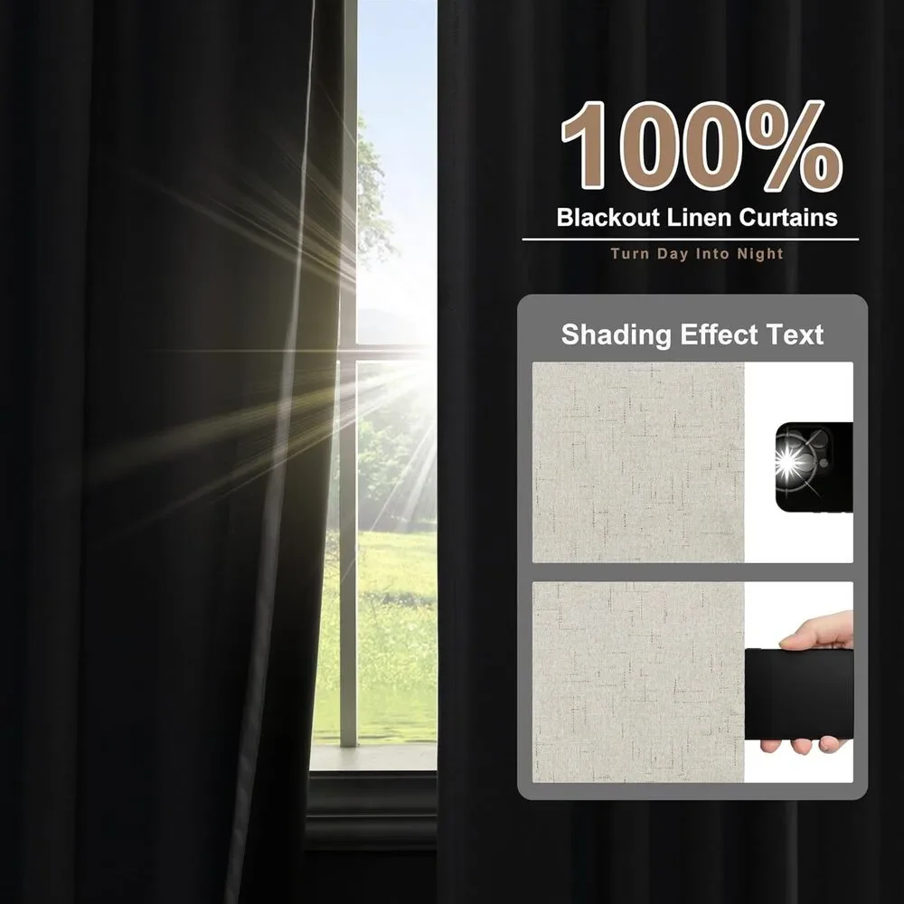Blackout Linen Curtains 52 x 108 Grommet Natural Room Darkening Drapes 2 Panels